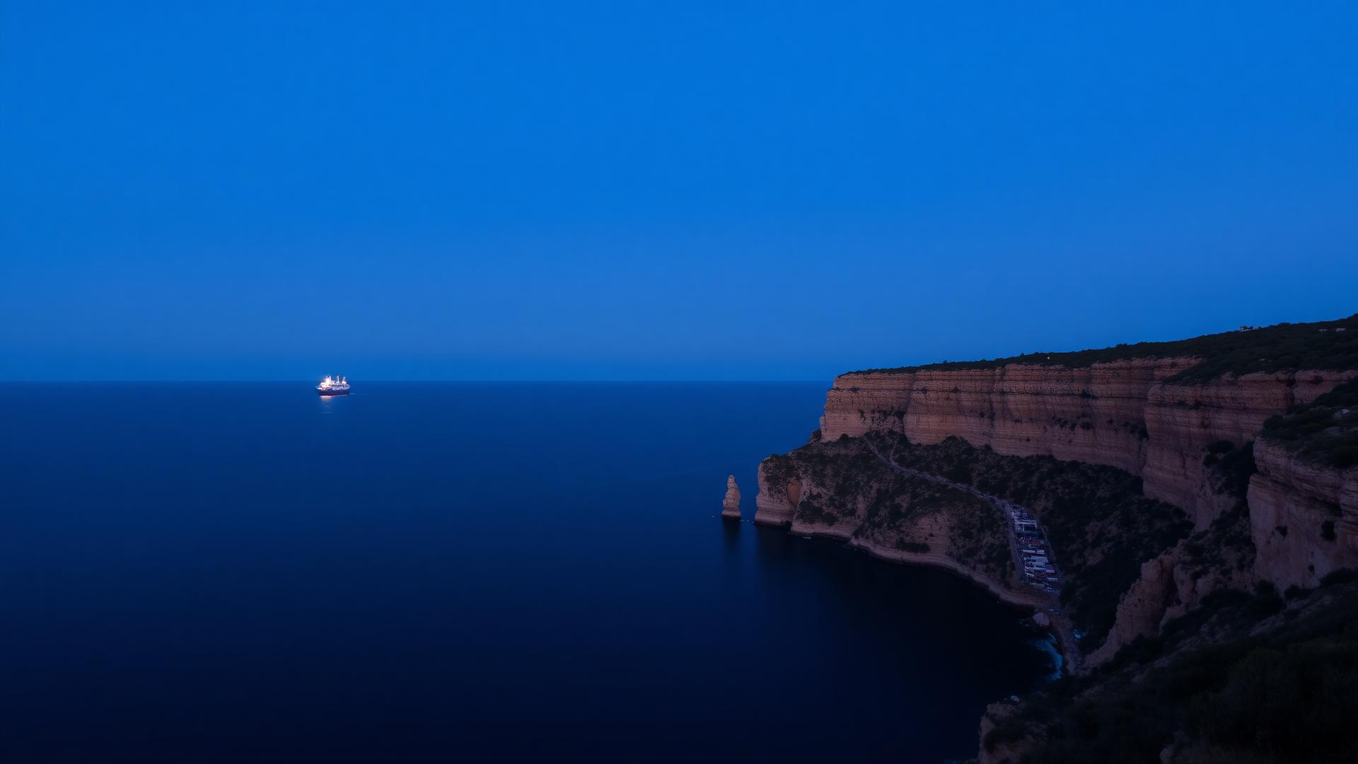A quiet Mediterranean coastline at dusk with a lit ship on the horizon