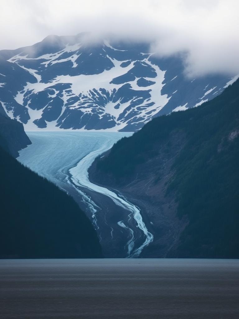 A glacier running down between forested mountains in Alaska