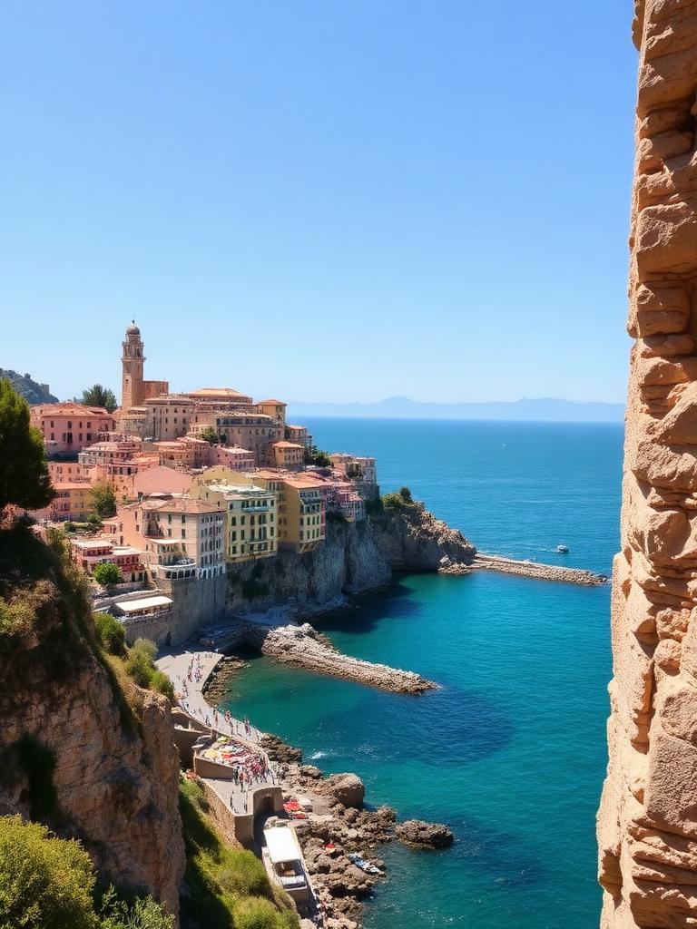 Pastel houses on the cliffs of the Amalfi coast above turquoise water