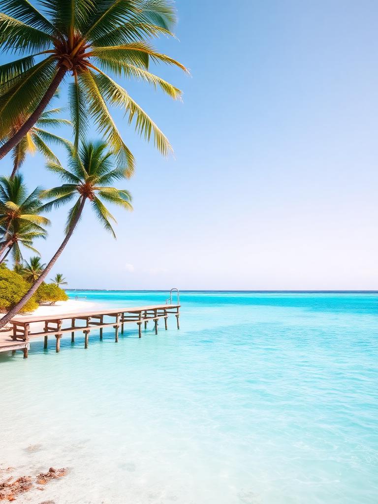 A wooden jetty reaching into a turquoise Caribbean bay lined with palms