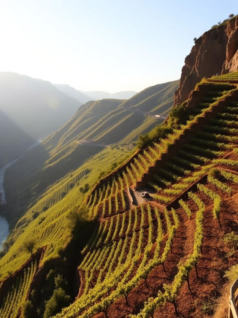 Terraced vineyards on the steep banks of the Douro valley in Portugal
