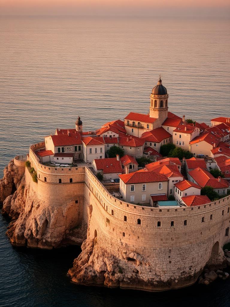 The walled old town of Dubrovnik above the Adriatic at sunset