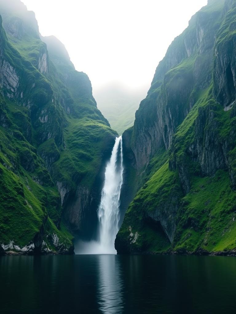 A waterfall falling into a steep green Norwegian fjord