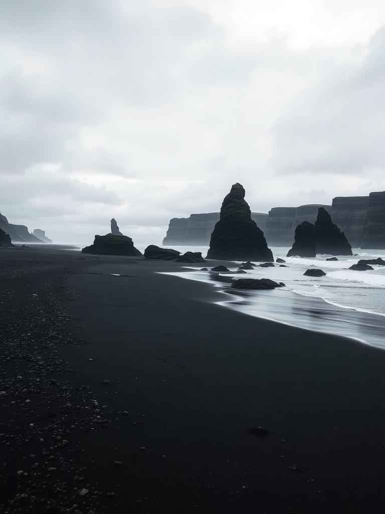 Basalt sea stacks on a black sand beach in Iceland