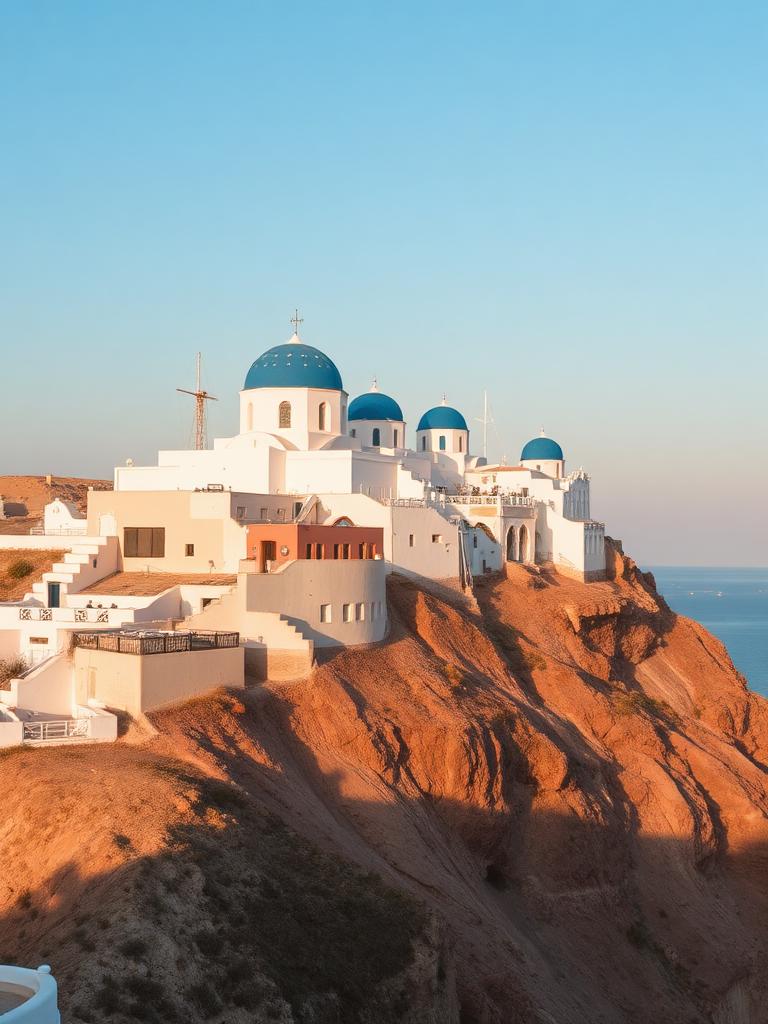 White cliffside houses and blue domes above the Aegean sea at Santorini