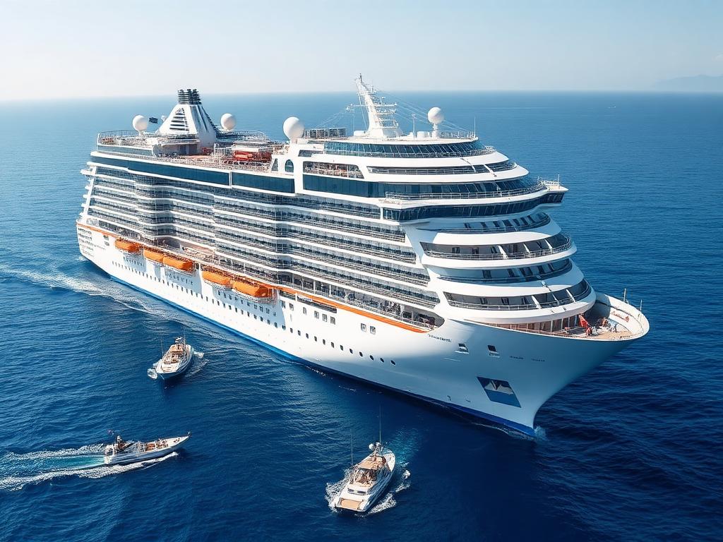A very large cruise ship anchored offshore with small tender boats ferrying passengers